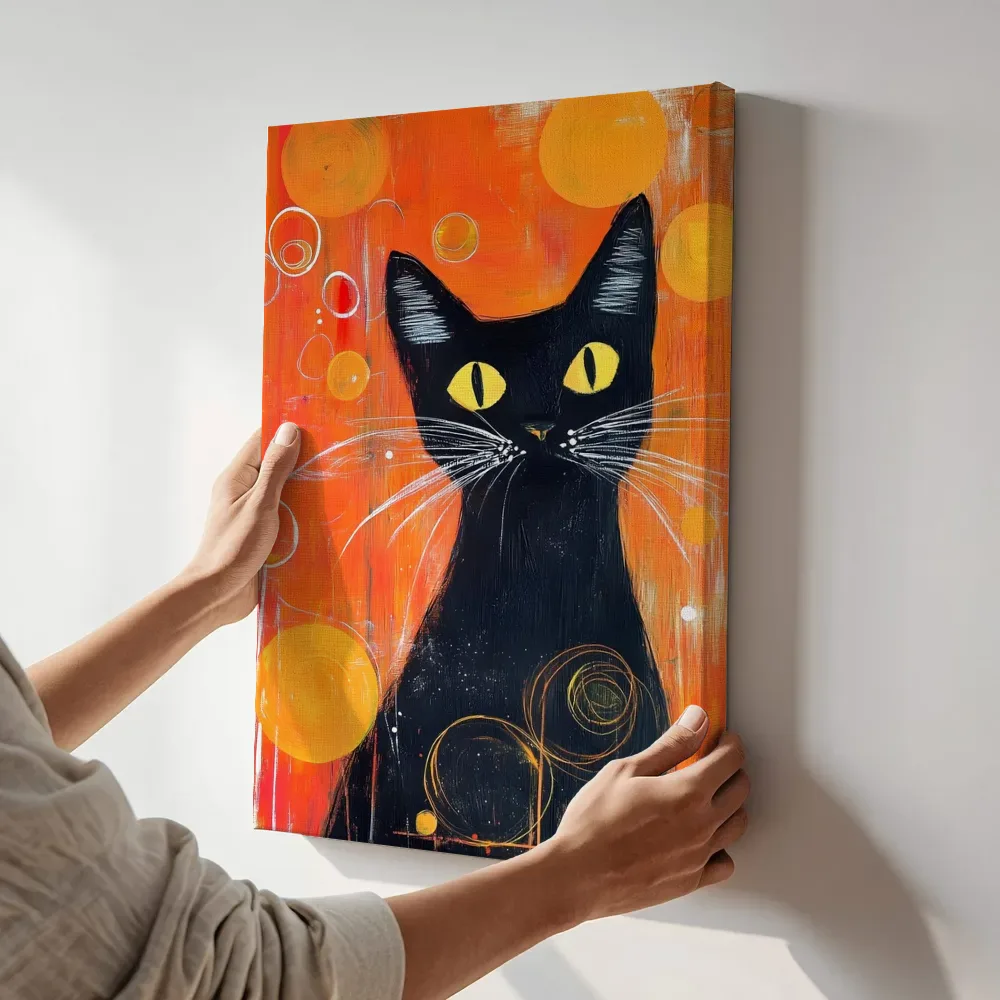 Sfeerimpressie: Zwarte kat met oranje cirkels terwijl het aan de muur wordt gehangen