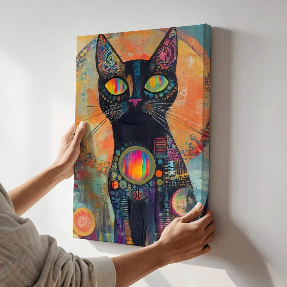 Sfeerimpressie: Zwarte kat regenboog ogen terwijl het aan de muur wordt gehangen