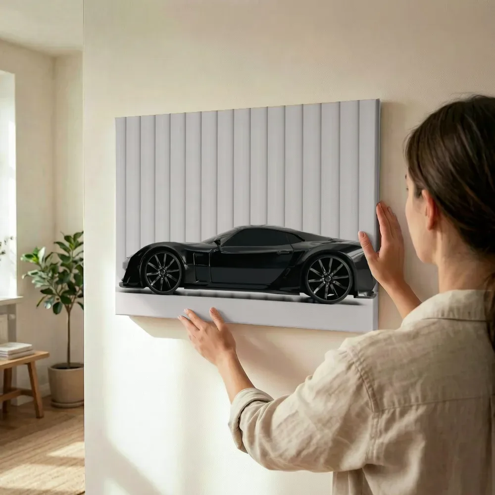 Sfeerimpressie: Zwarte sportwagen in studio terwijl het wordt opgehangen