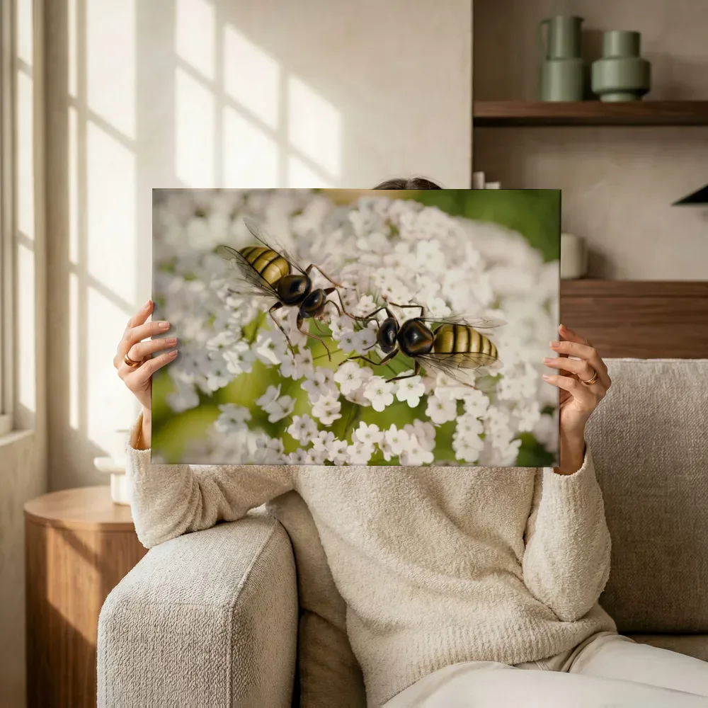 Sfeerimpressie: Zweefvliegen op witte bloemschermen terwijl het omhoog wordt gehouden