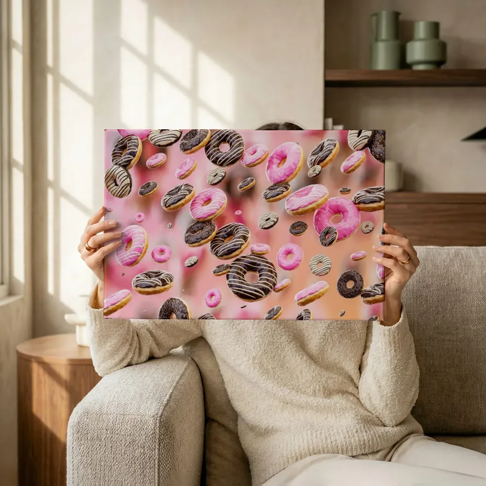 Sfeerimpressie: Zwevende donuts in roze en chocolade terwijl het omhoog wordt gehouden