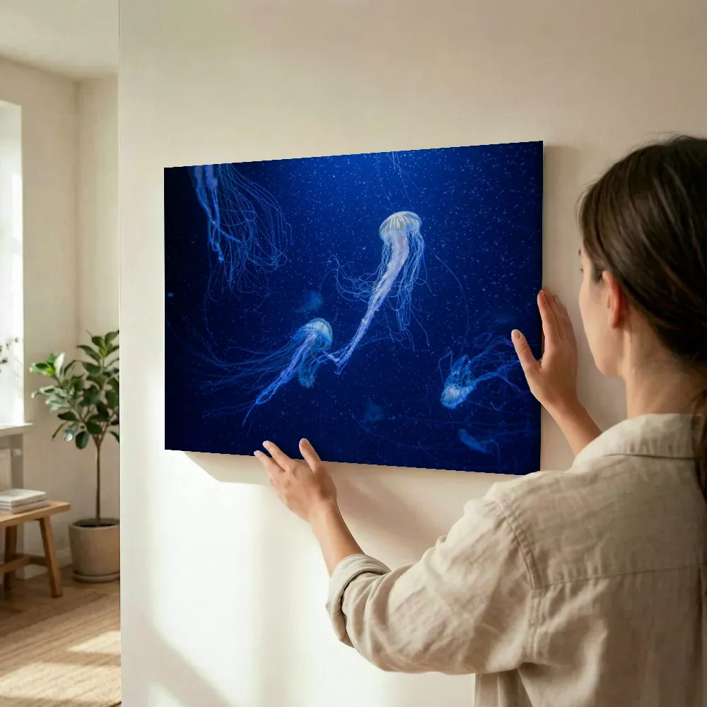Sfeerimpressie: Zwevende kwallen in diepblauw water terwijl het wordt opgehangen