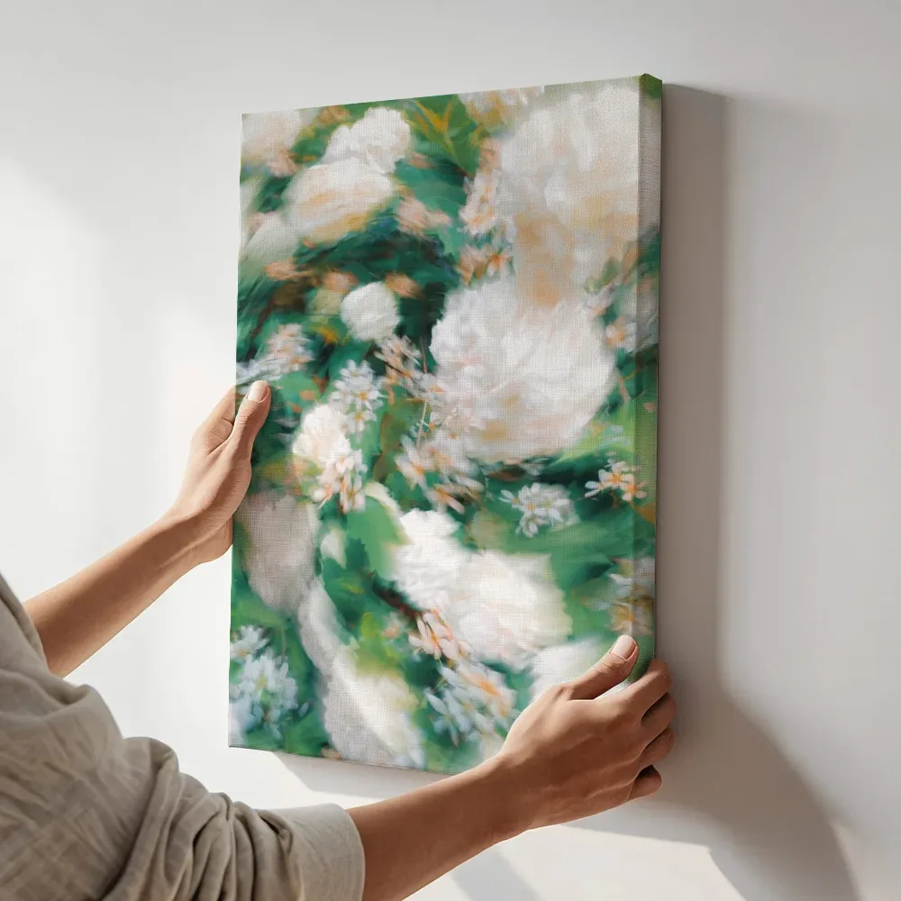 Sfeerimpressie: Zwevende witte bloesems terwijl het aan de muur wordt gehangen