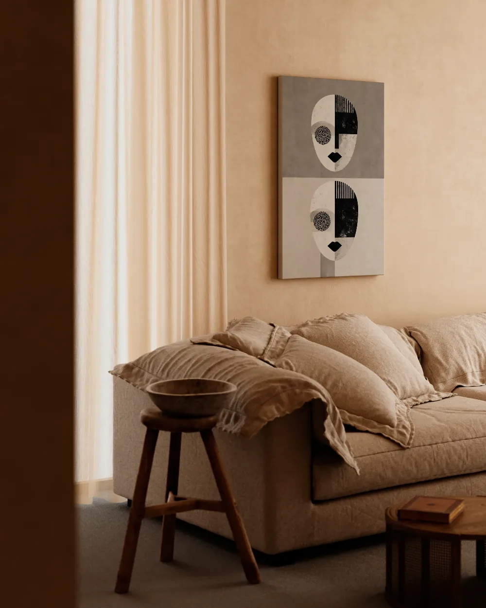 Twee koppen boven elkaar in warmgrijs, canvas schilderij uit de collectie abstract