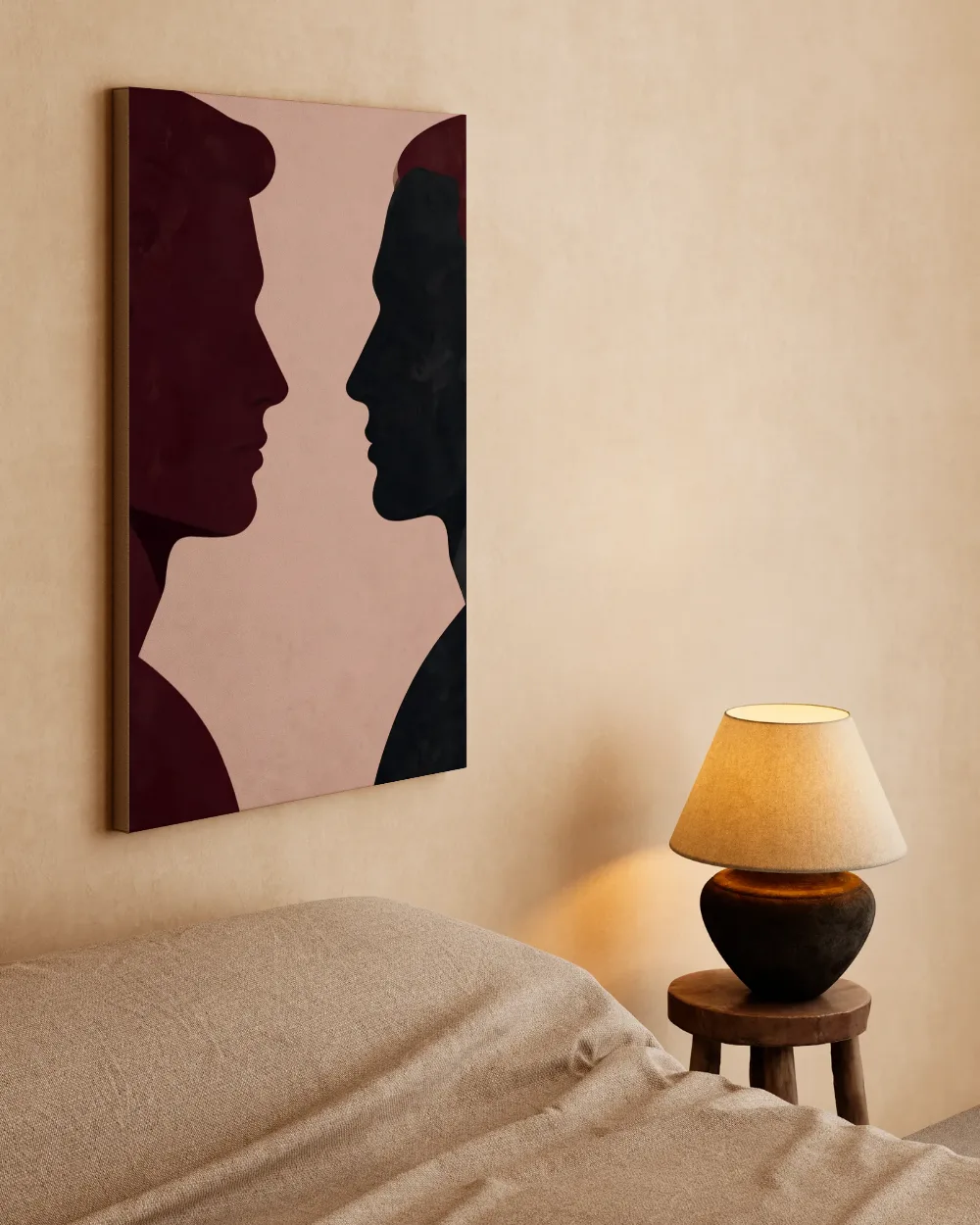 Twee mannen tegenover elkaar in bordeaux, canvas schilderij uit de collectie abstract