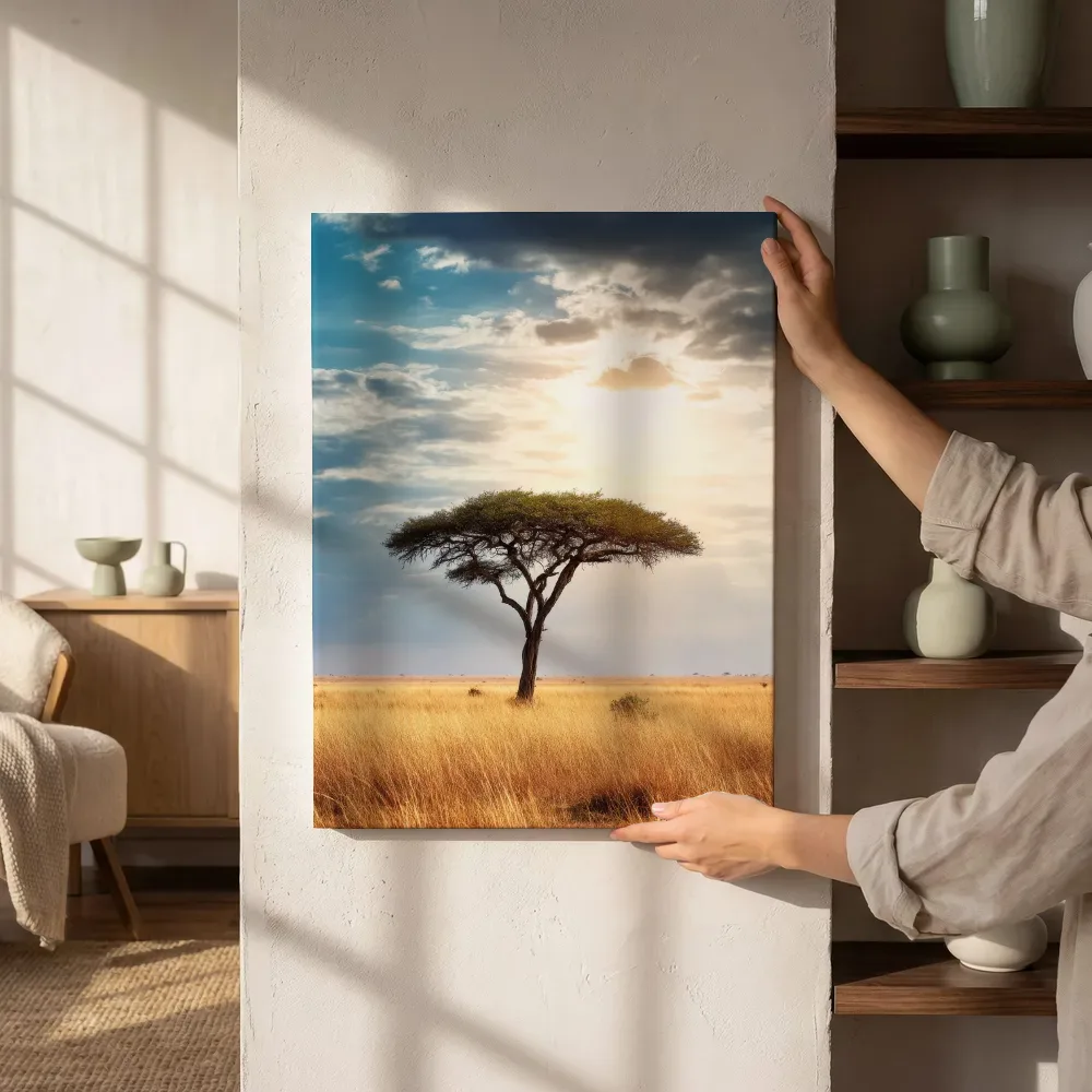 Afrikaanse zonsondergang met eenzame acacia, canvas schilderij uit de collectie afrikaanse kunst