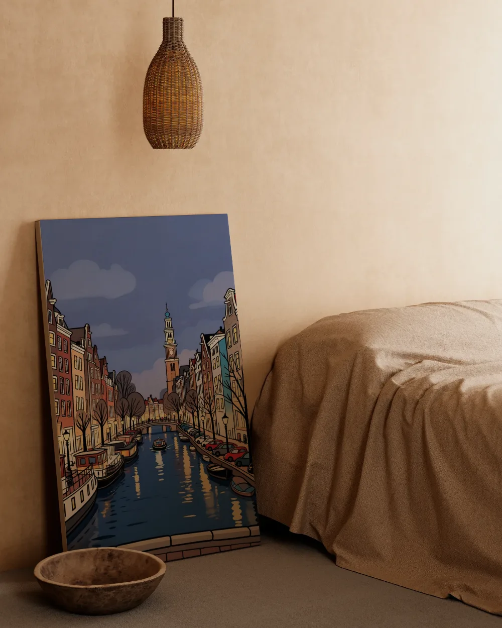 Amsterdam, Damrak in cartoonstijl, canvas schilderij uit de collectie schilderijen amsterdam