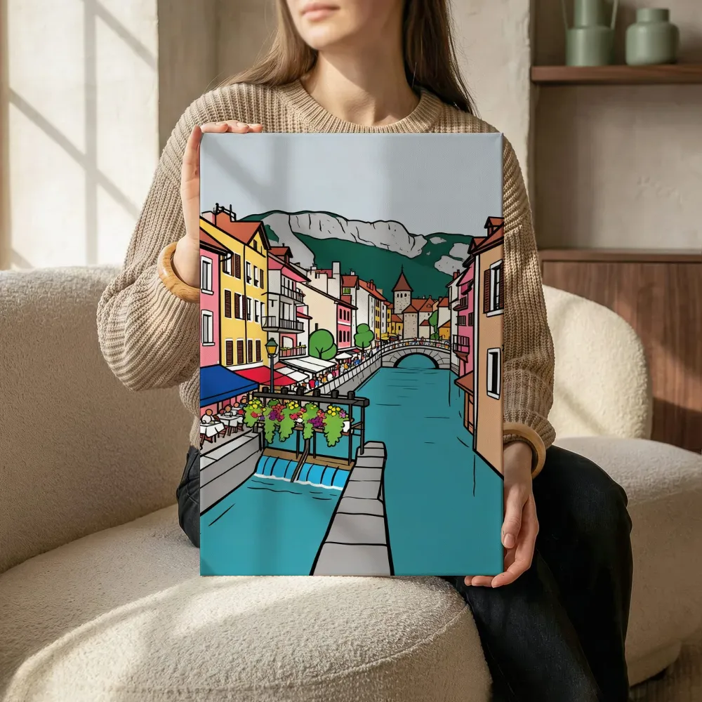 Annecy, Palais de l'Isle in cartoonstijl, canvas schilderij uit de collectie schilderijen annecy
