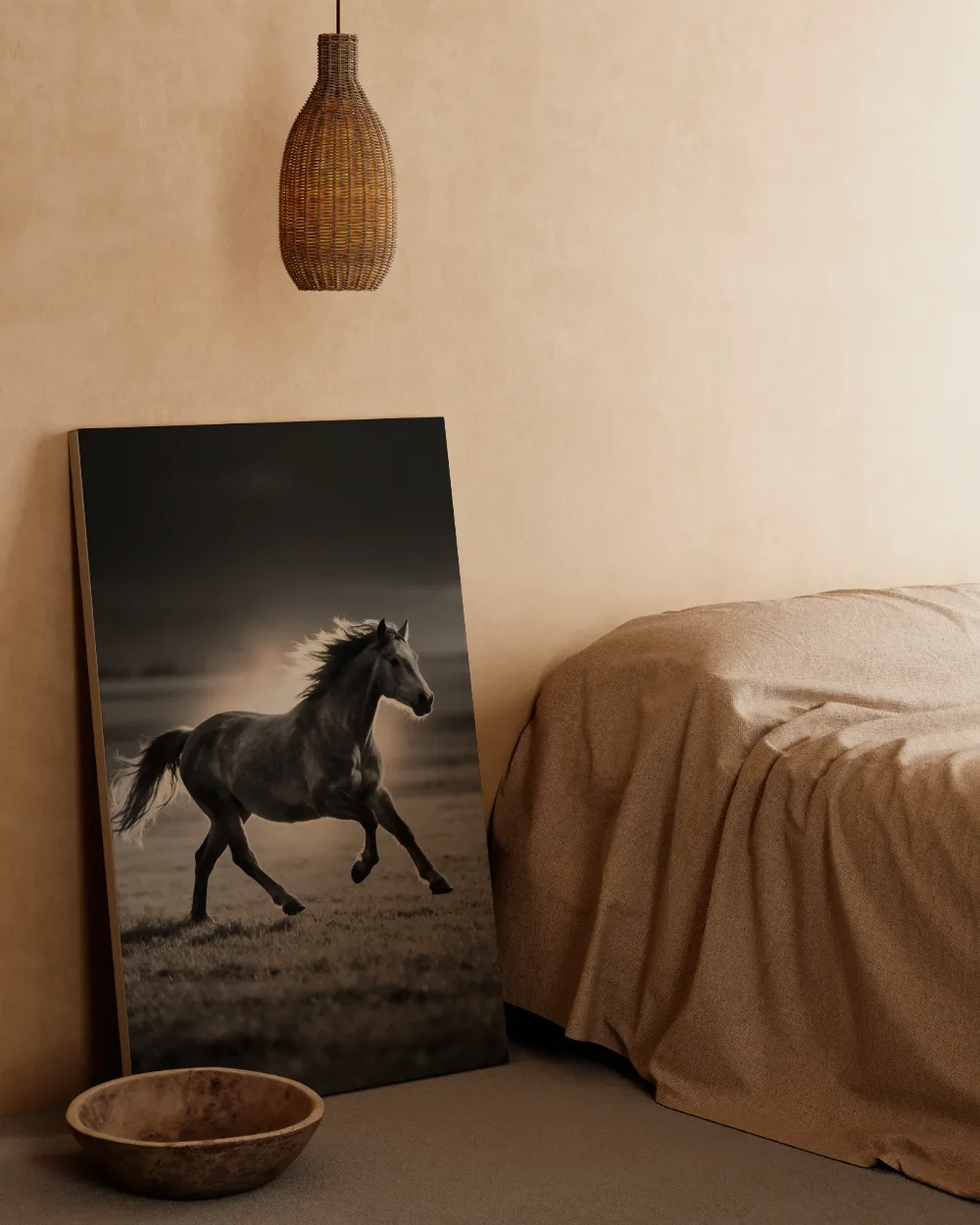 Paard steigerend, het felle tegenlicht van de ondergaande zon, canvas schilderij uit de collectie antraciet