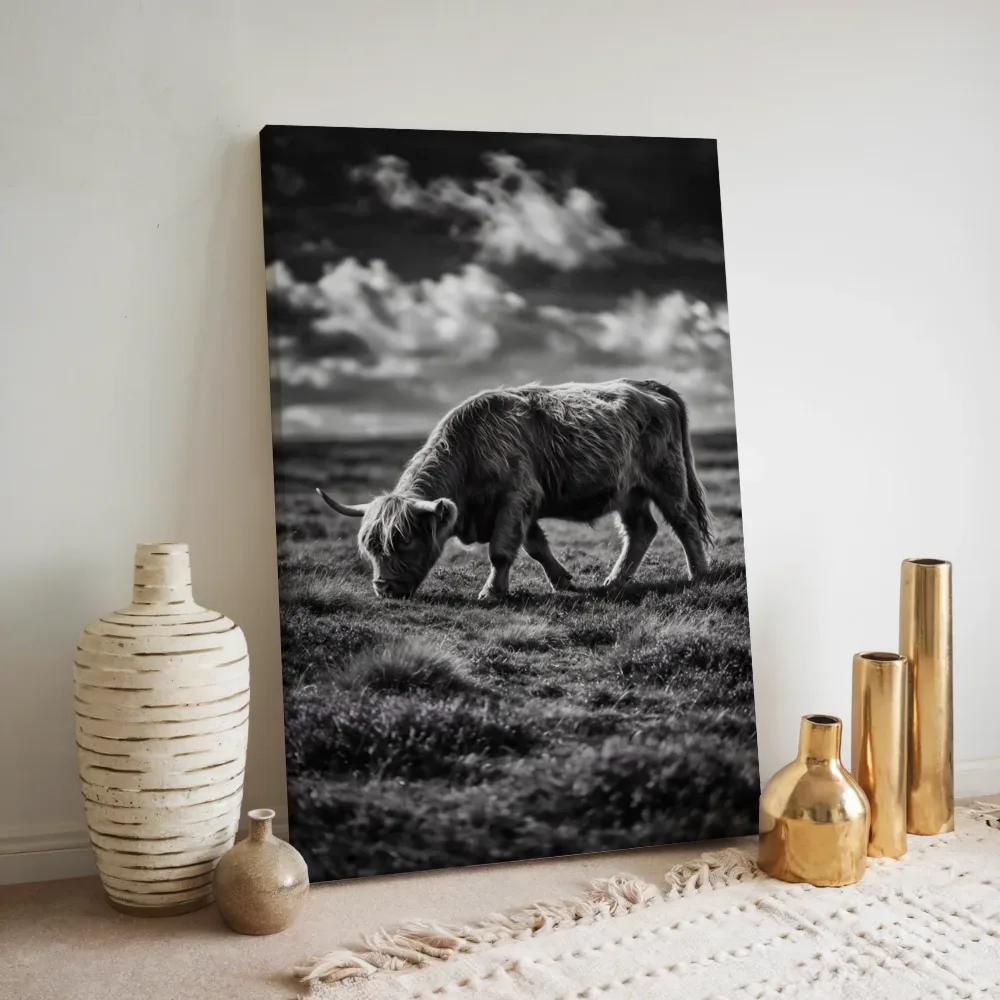 Schotse Hooglander op afstand, een dramatische blauwe lucht, canvas schilderij uit de collectie antraciet