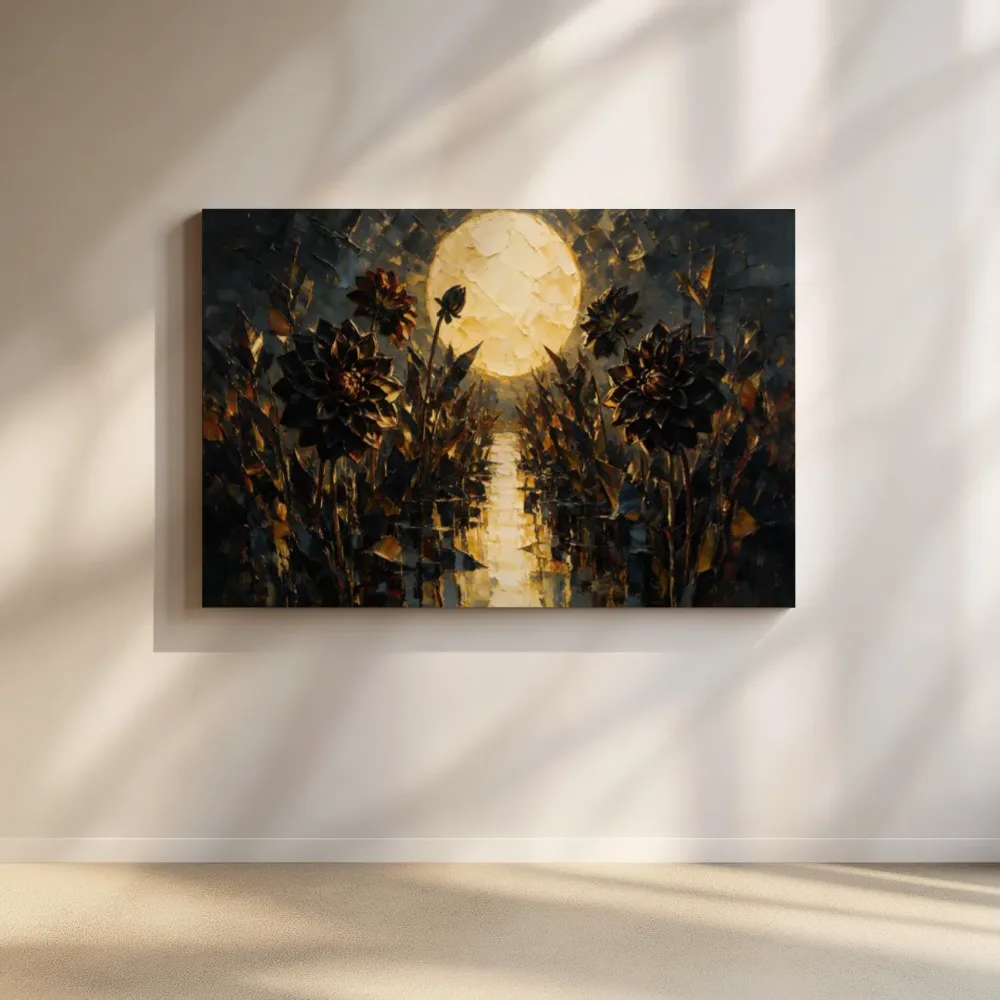 Dahlia aan de oever in zwartgoud, canvas schilderij uit de collectie astronomie