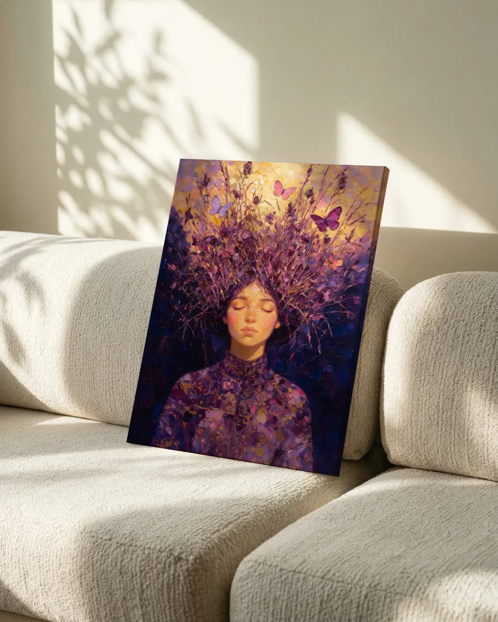 Vrouw met veldbloemen, olieverf in diep paars en goud, canvas schilderij uit de collectie aubergine