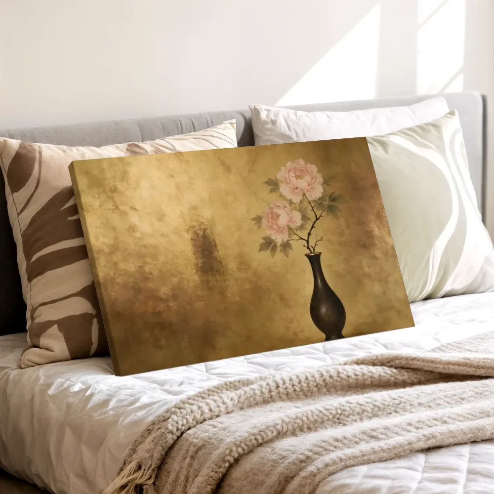 Pioenroos in diep goud en brons, canvas schilderij uit de collectie aziatische kunst