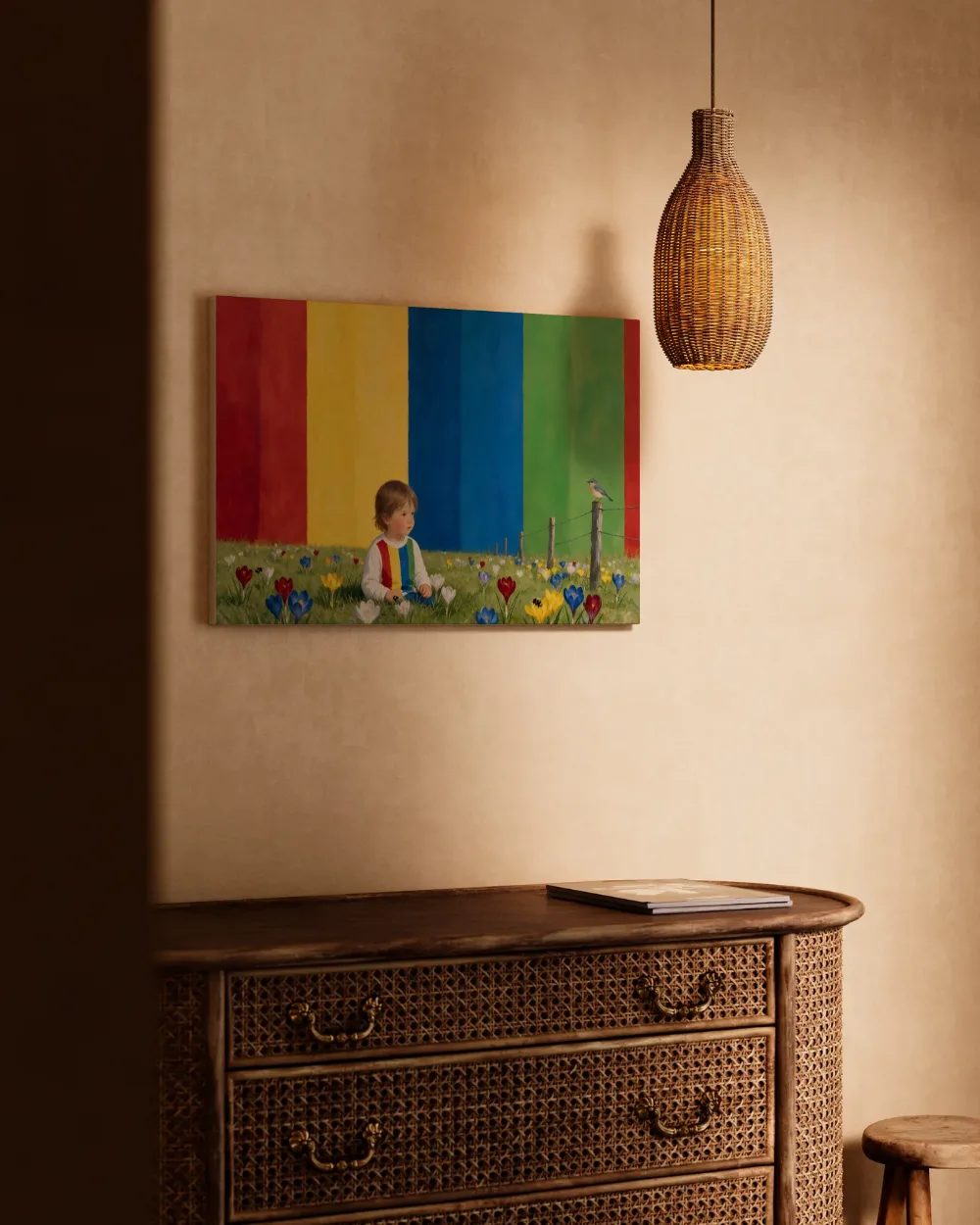 Krokus in vier heldere kleuren naast elkaar, canvas schilderij uit de collectie baby- & kinderkamer schilderijen