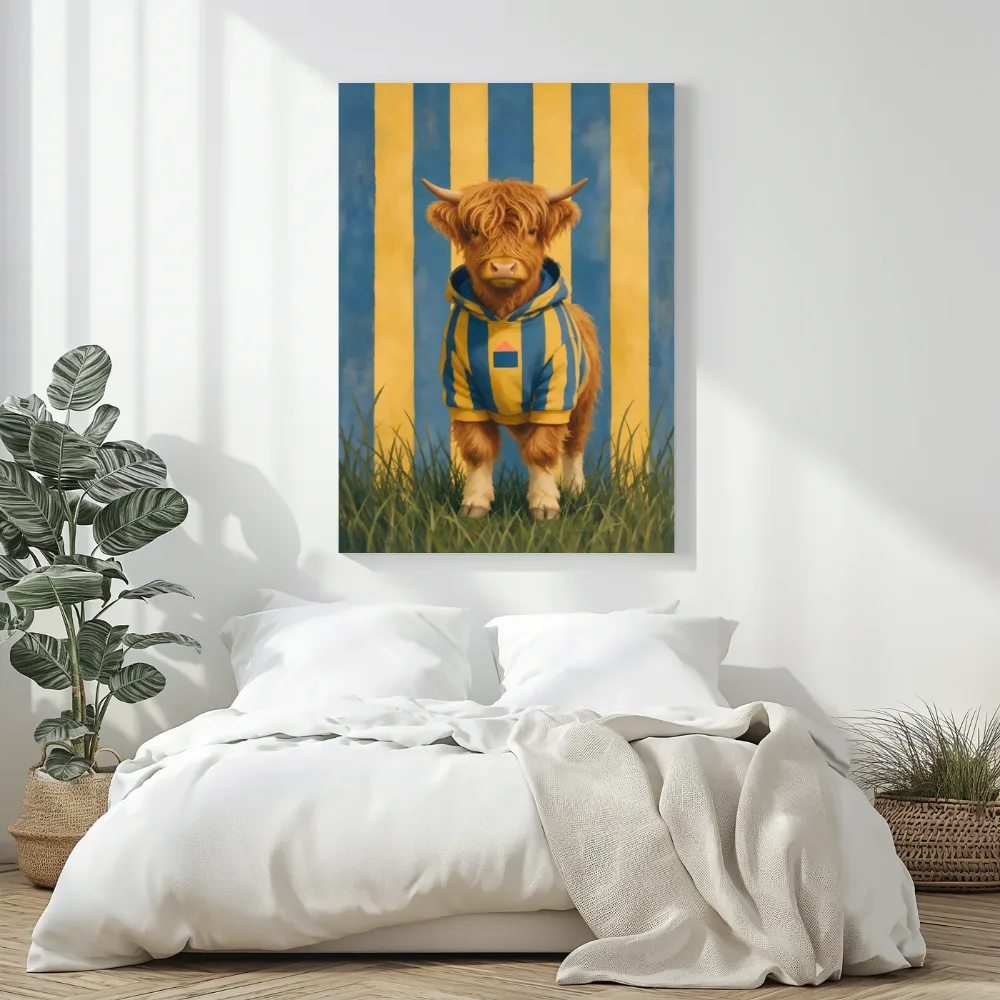 Schotse hooglander in delftsblauw en mosterd, canvas schilderij uit de collectie baby- & kinderkamer schilderijen