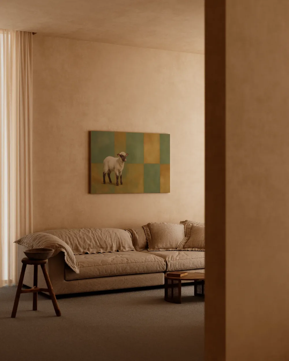 Jong dier in salie en oker, canvas schilderij uit de collectie babydieren