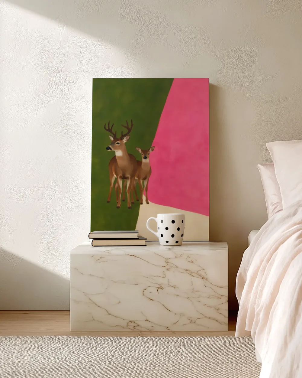 Hert in olijf en roze, canvas schilderij uit de collectie babydieren