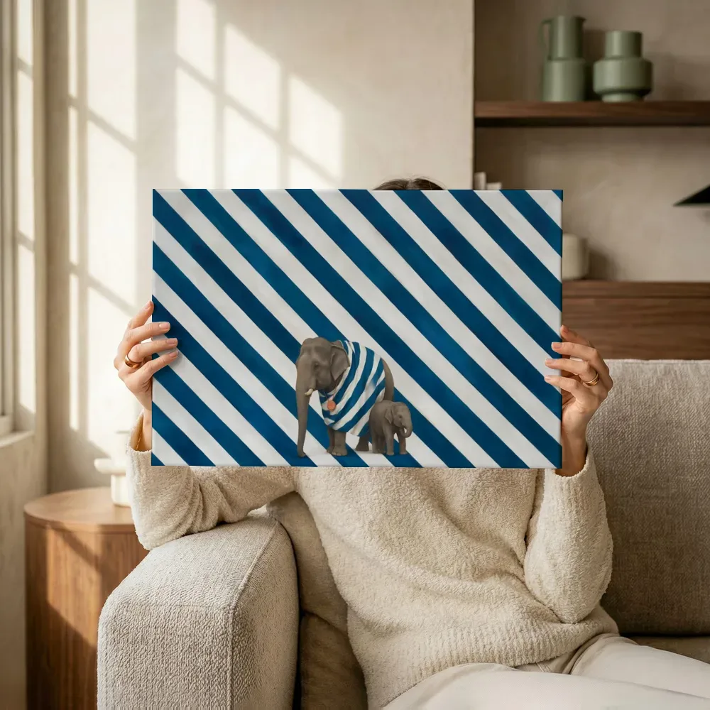 Olifant in kalkwit en zeeblauw, canvas schilderij uit de collectie babydieren