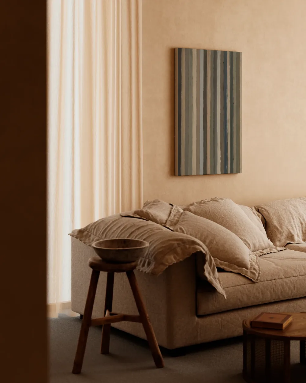 Dunne banen paletmes, mist in beige, canvas schilderij uit de collectie beige
