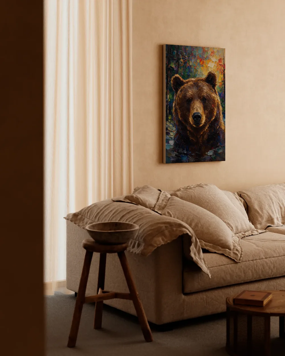 Beer portret tegen een muur diep in de schaduw, canvas schilderij uit de collectie beren