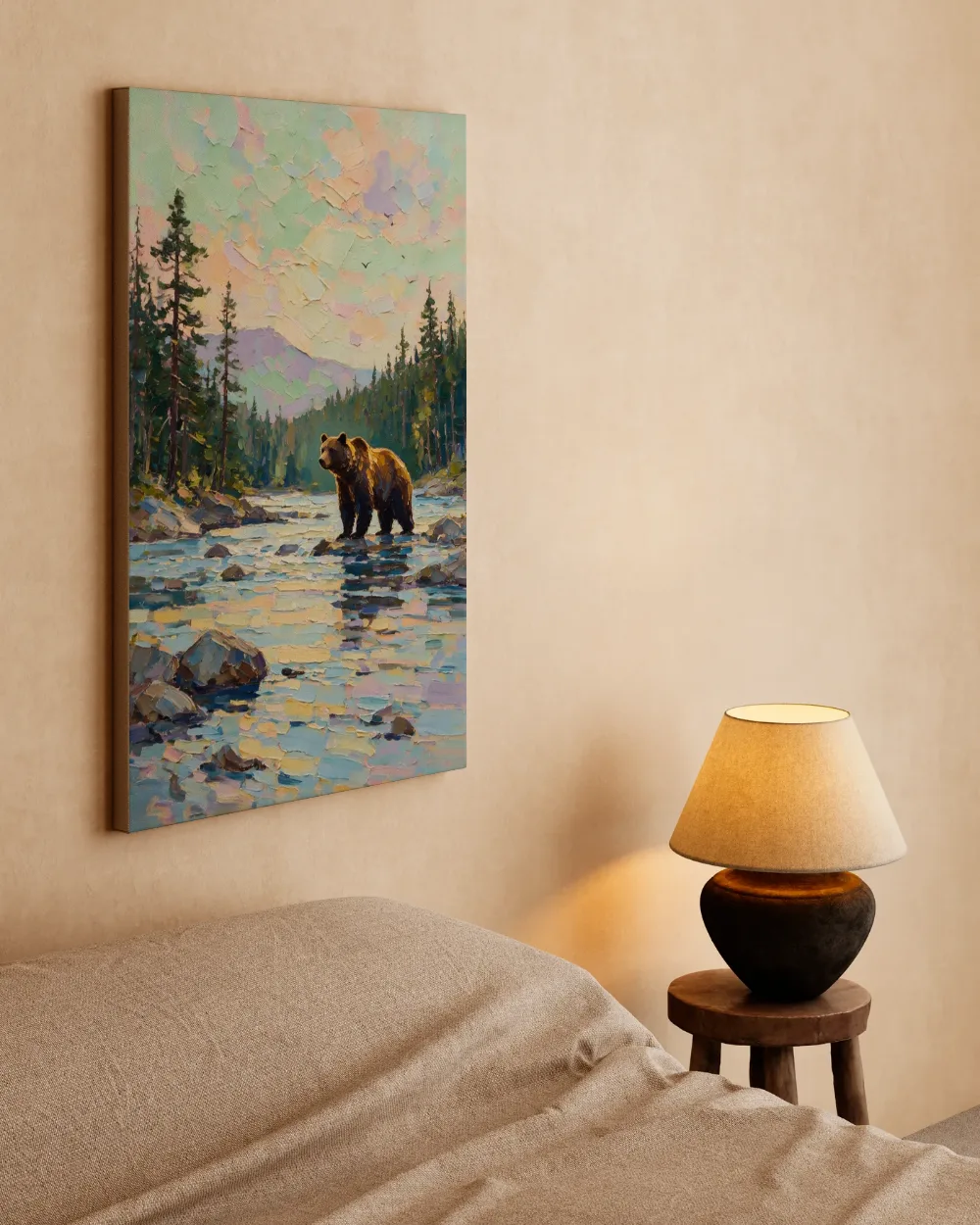 Beer donker in het landschap aan het water, canvas schilderij uit de collectie beren