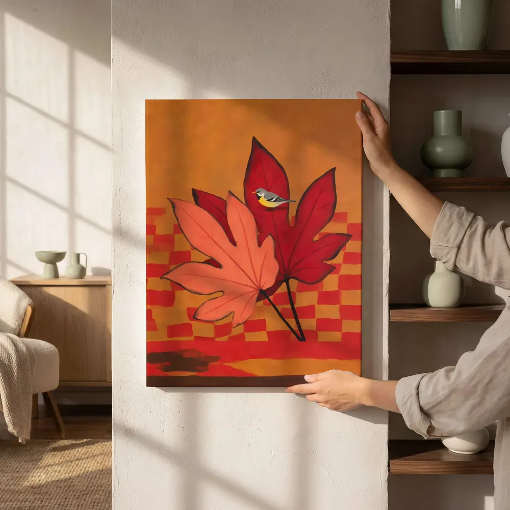 Bladeren van dichtbij in warme kleuren bij elkaar, canvas schilderij uit de collectie bladeren