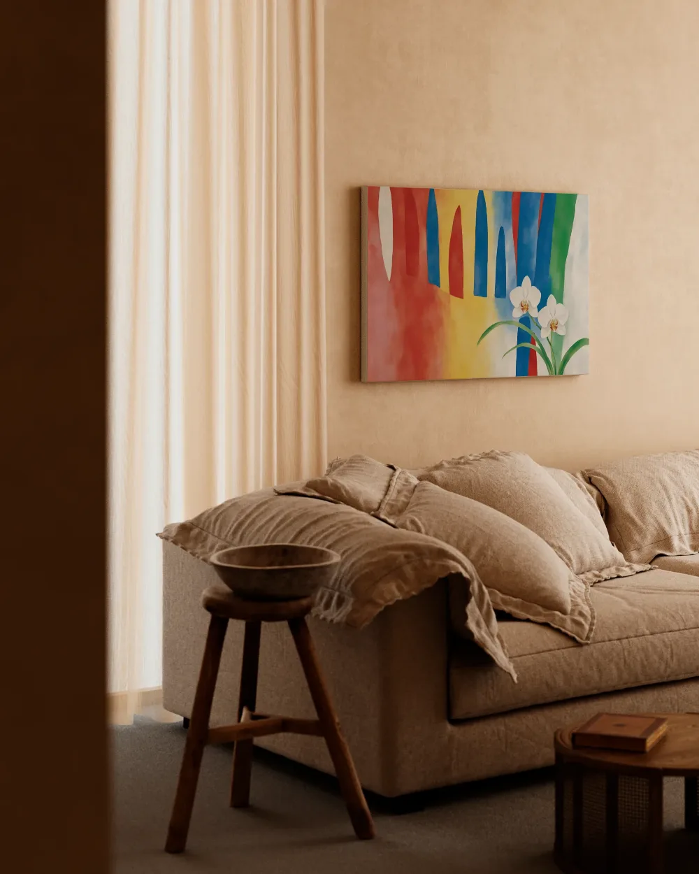 Orchidee in vier heldere kleuren naast elkaar, canvas schilderij uit de collectie bladeren
