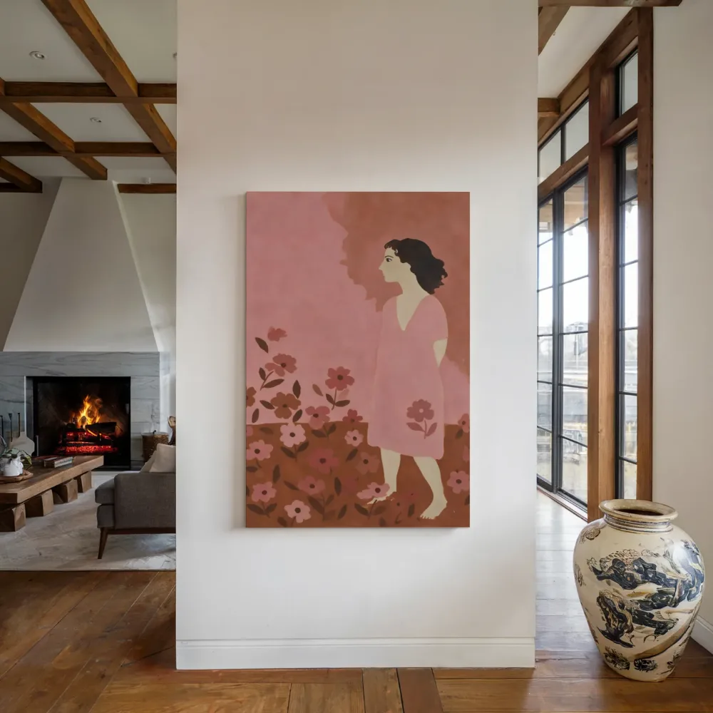 Vrouw tussen roze bloemen in poederroze en bruin, canvas schilderij uit de collectie bloemen