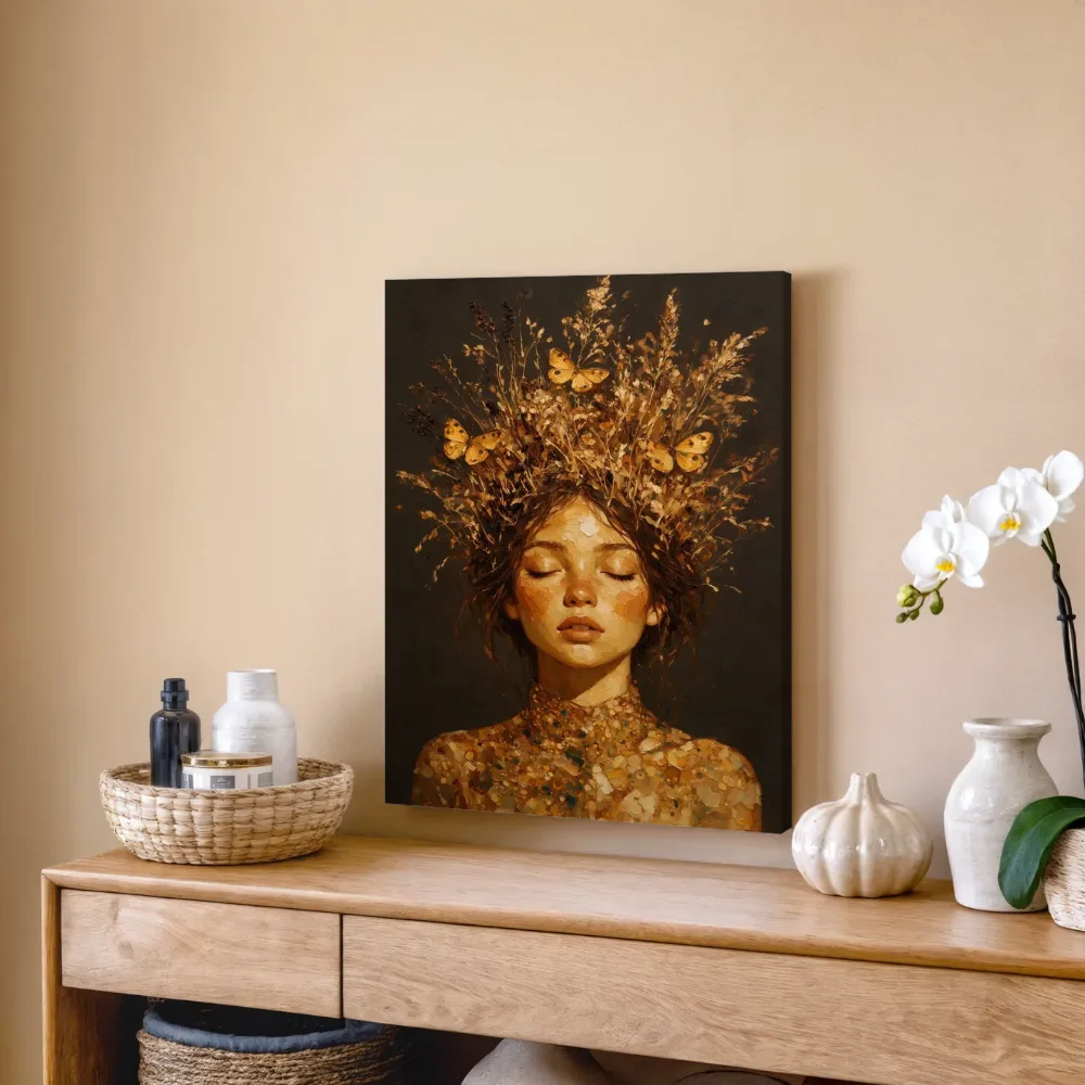 Vrouw met veldbloemen, olieverf in donker amberglans, canvas schilderij uit de collectie bloemen