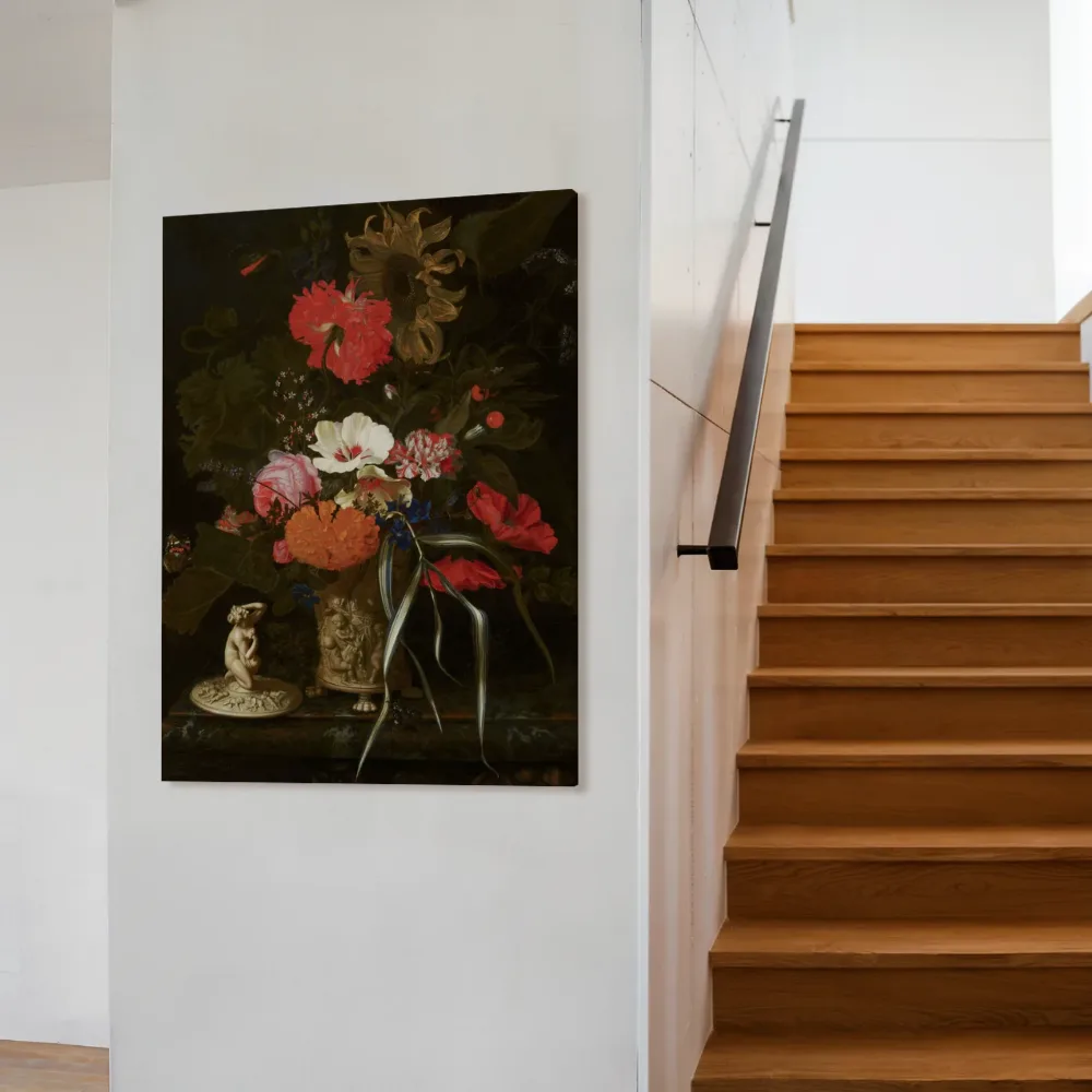 Bloemen in een vaas met reliëfdecoraties van Maria van Oosterwijck, canvas schilderij uit de collectie bloemen