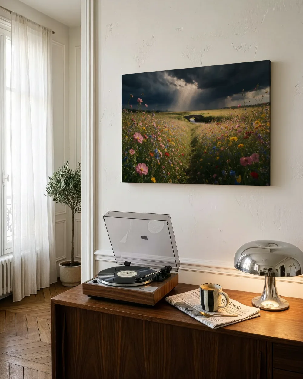 Bloemenvelden bij de dreigende onweerslucht 2, canvas schilderij uit de collectie bloemenvelden