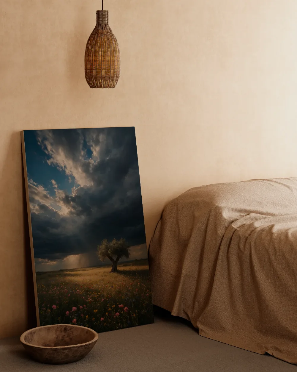 Bloemenvelden bij de dreigende onweerslucht, canvas schilderij uit de collectie bloemenvelden