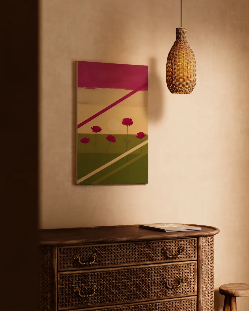 Bloemenveld bij zonsondergang in magenta en olijfgroen, canvas schilderij uit de collectie bloemenvelden