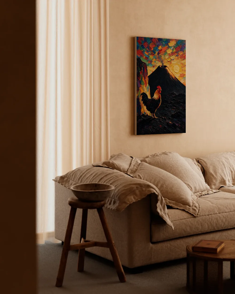 Vulkaan in gedempt tegenlicht tegen een muur in de schaduw, canvas schilderij uit de collectie boerderijdieren