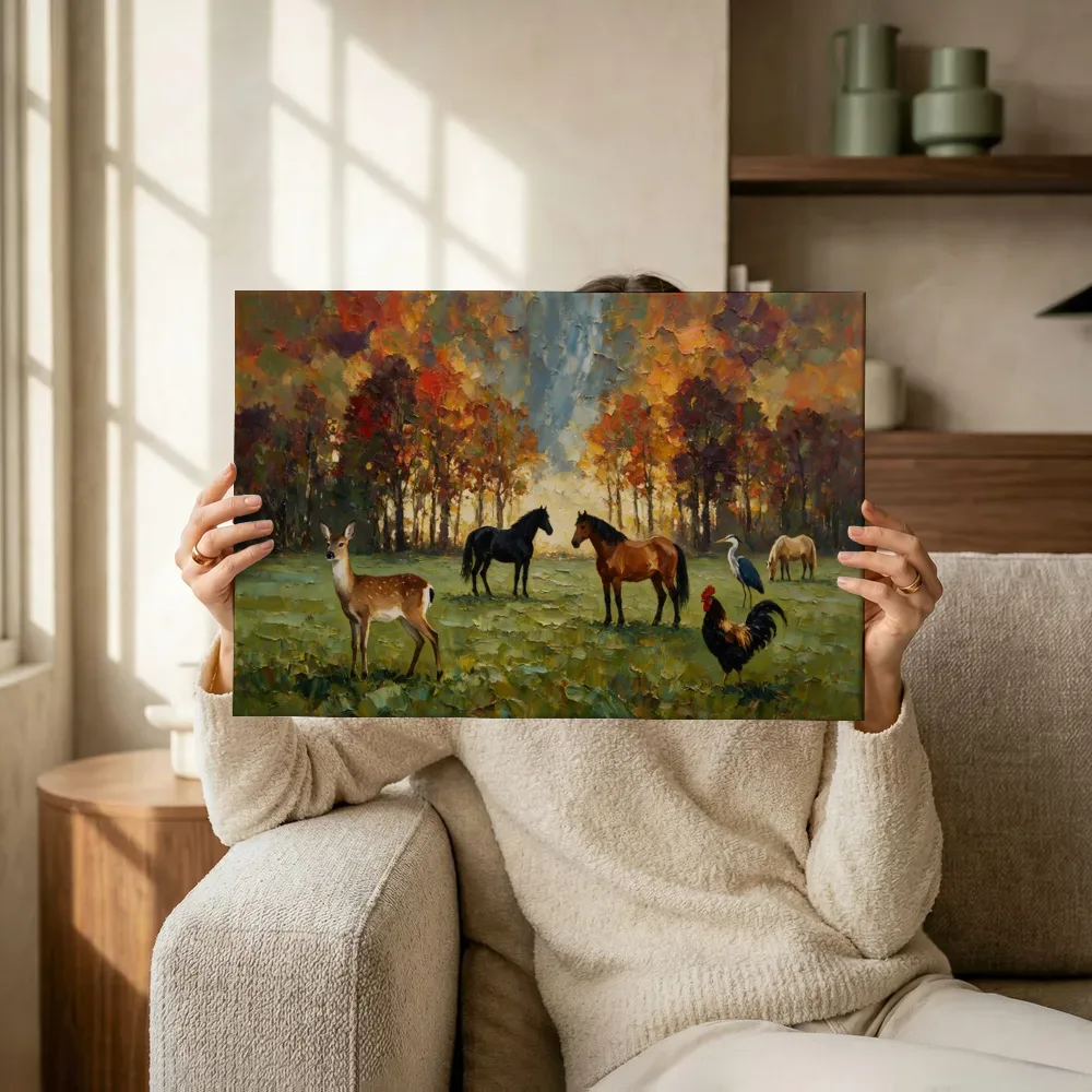 Wilde dieren in het bos in bruin, canvas schilderij uit de collectie boerderijdieren