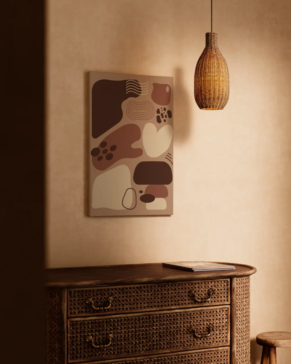 Aardetinten compositie in organische vormen, canvas schilderij uit de collectie bohemian