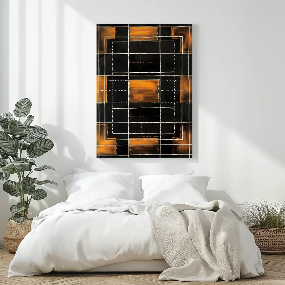 Geometrisch rasterpatroon in oranje en zwart, canvas schilderij uit de collectie bohemian
