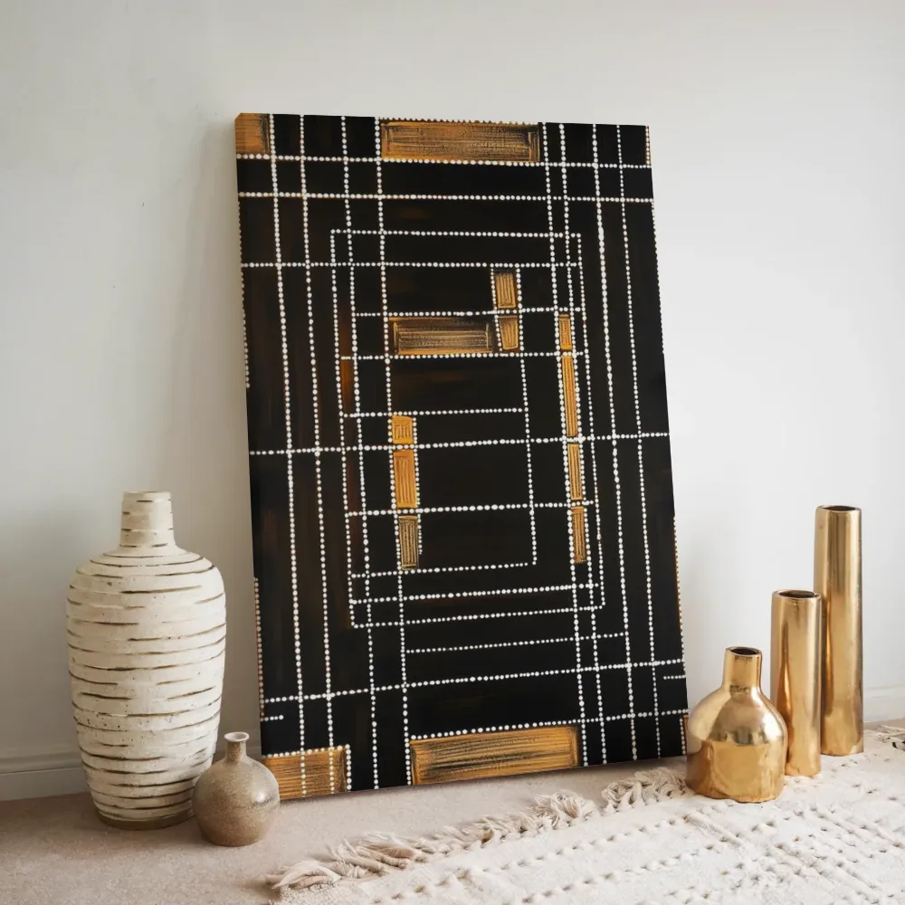 Geometrisch rasterpatroon in goud en zwart, canvas schilderij uit de collectie bohemian