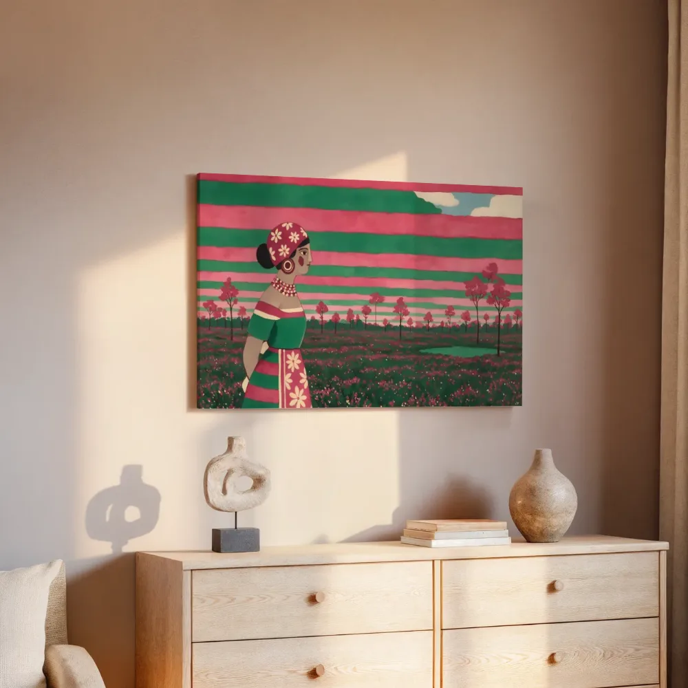 Vrouw bij de bloesembomen in framboos en jade, canvas schilderij uit de collectie bomen