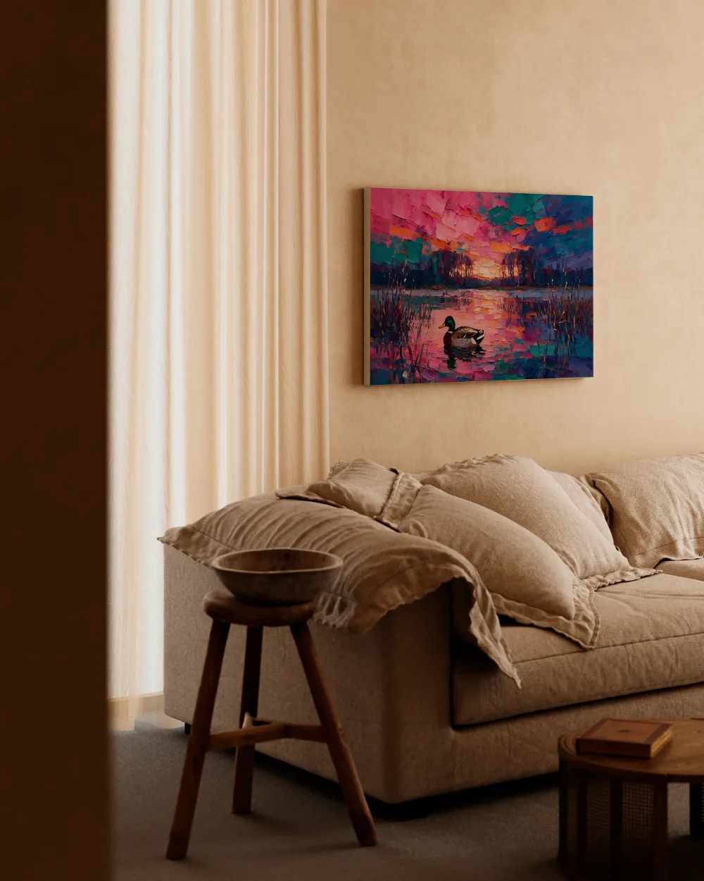 Eend diep in het landschap tussen de bomen, canvas schilderij uit de collectie bomen