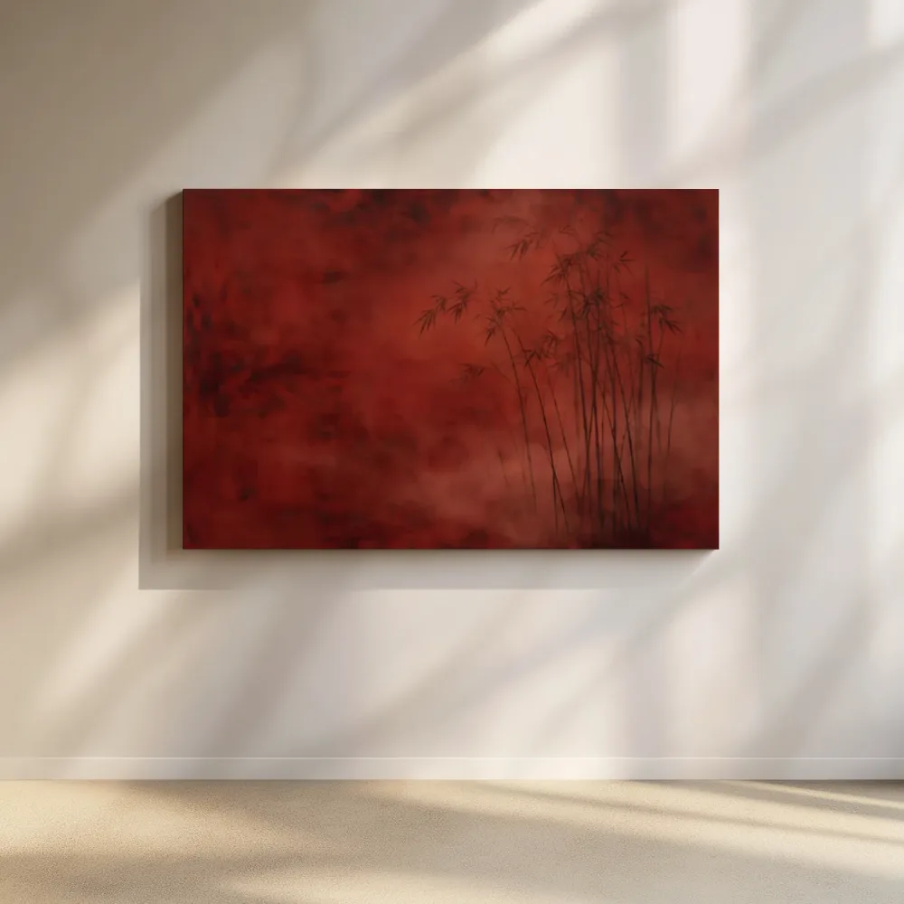 Bamboebos diep in de mist in lakrood, canvas schilderij uit de collectie bordeaux