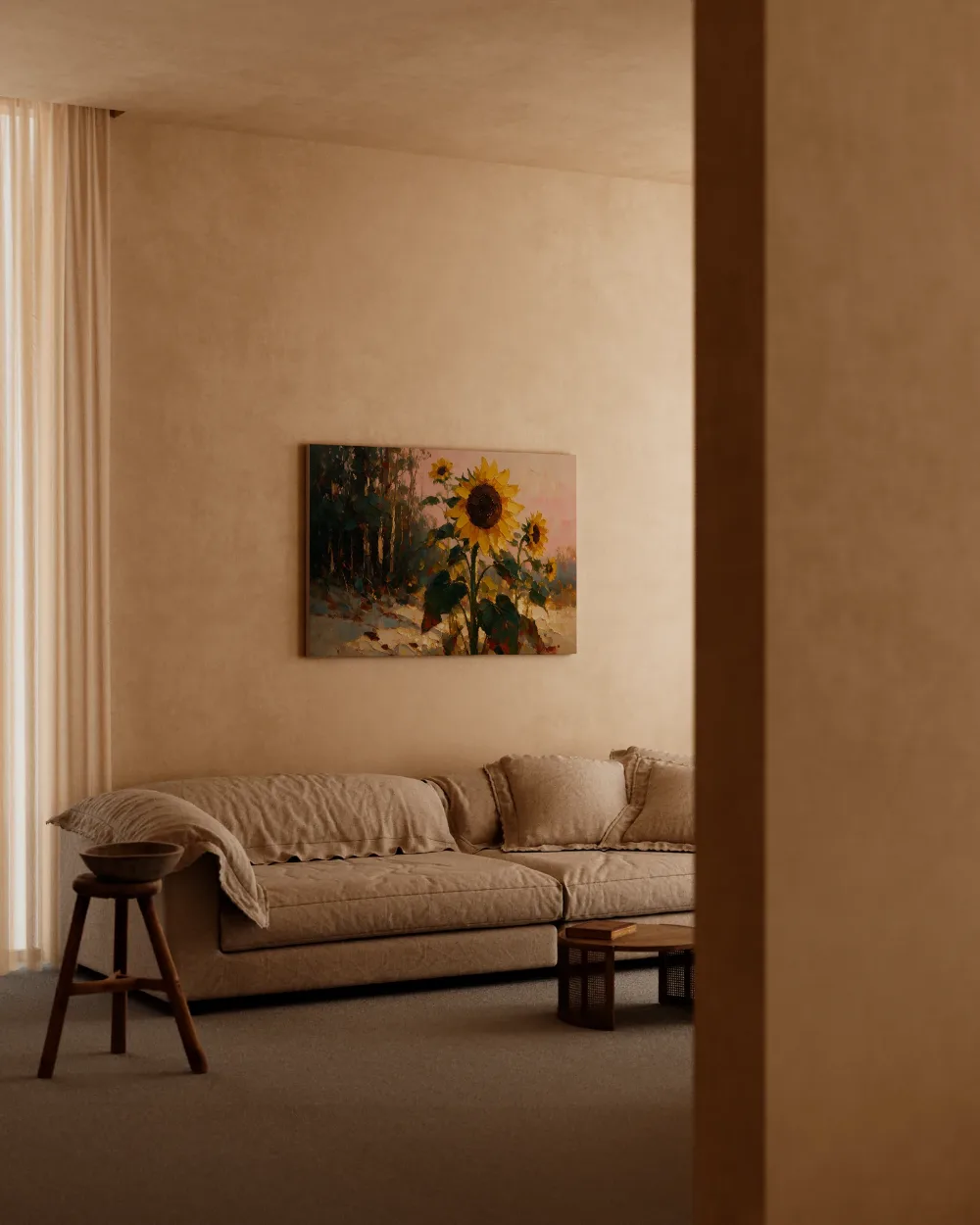 Zonnebloem aan de bosrand in groenroze, canvas schilderij uit de collectie bossen