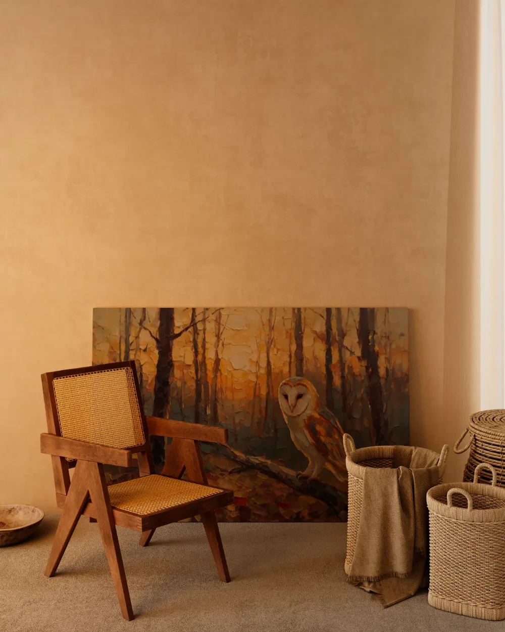 Uil warm in het landschap tussen de bomen, canvas schilderij uit de collectie bossen