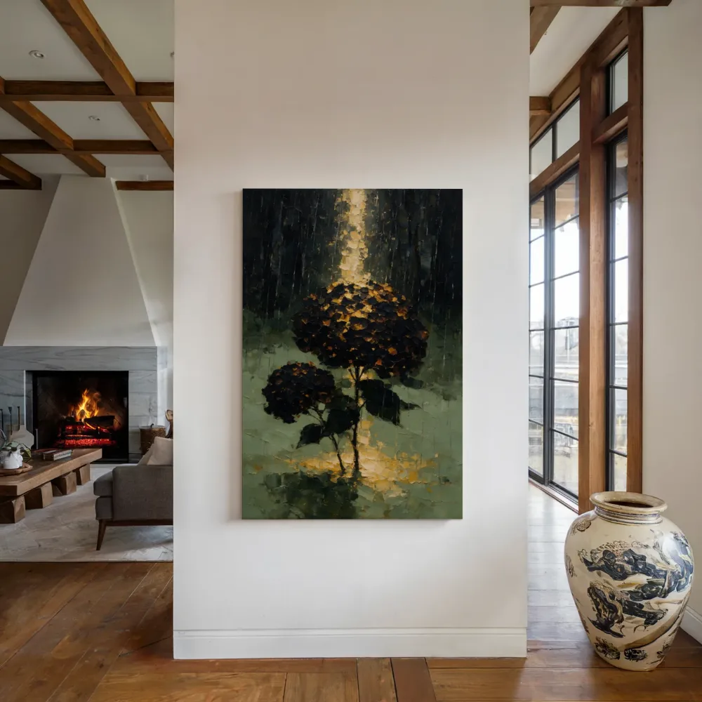 Hortensia aan de bosrand in zwartgoud, canvas schilderij uit de collectie bossen