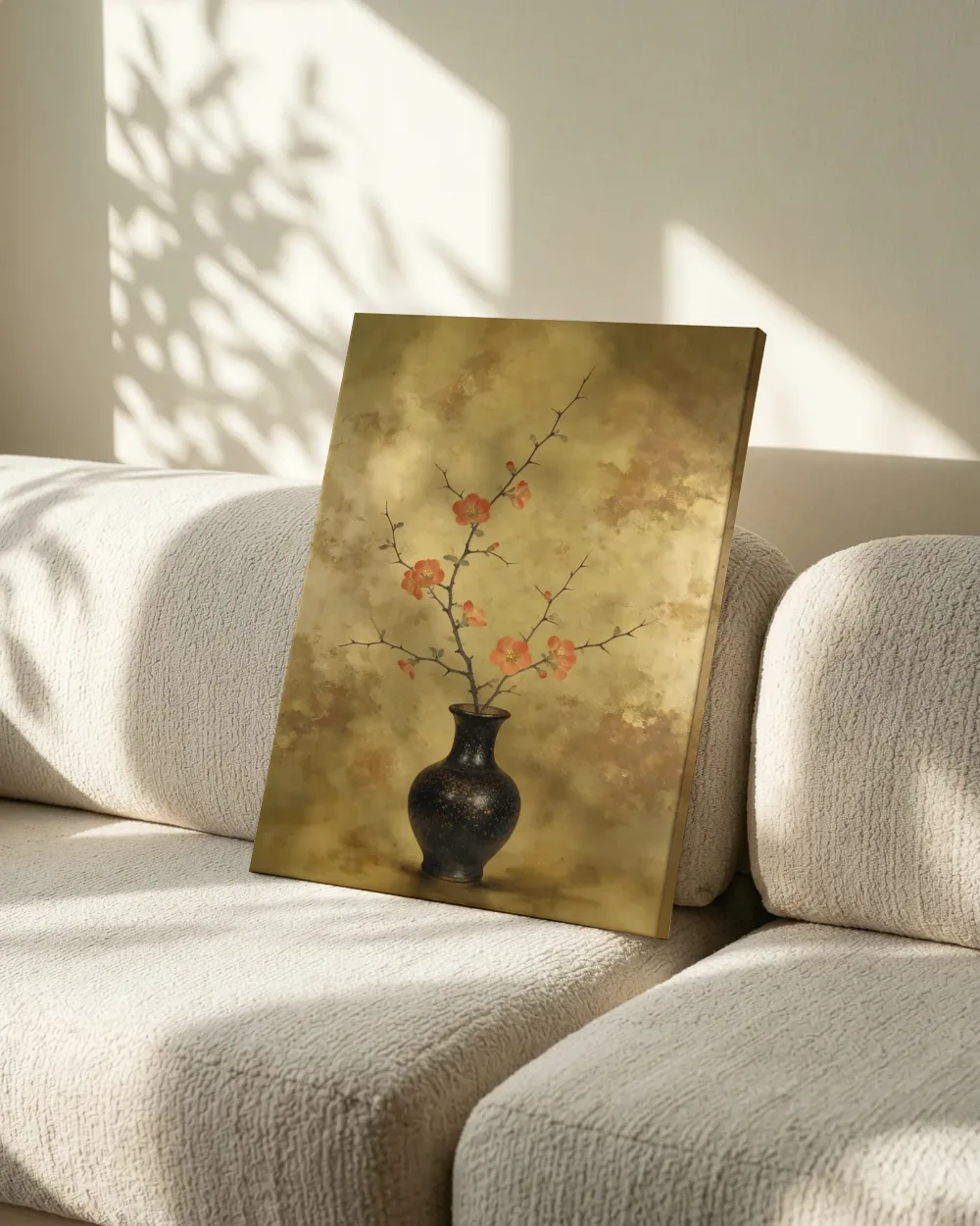 Kweeperenbloesem in goud en brons, canvas schilderij uit de collectie brons