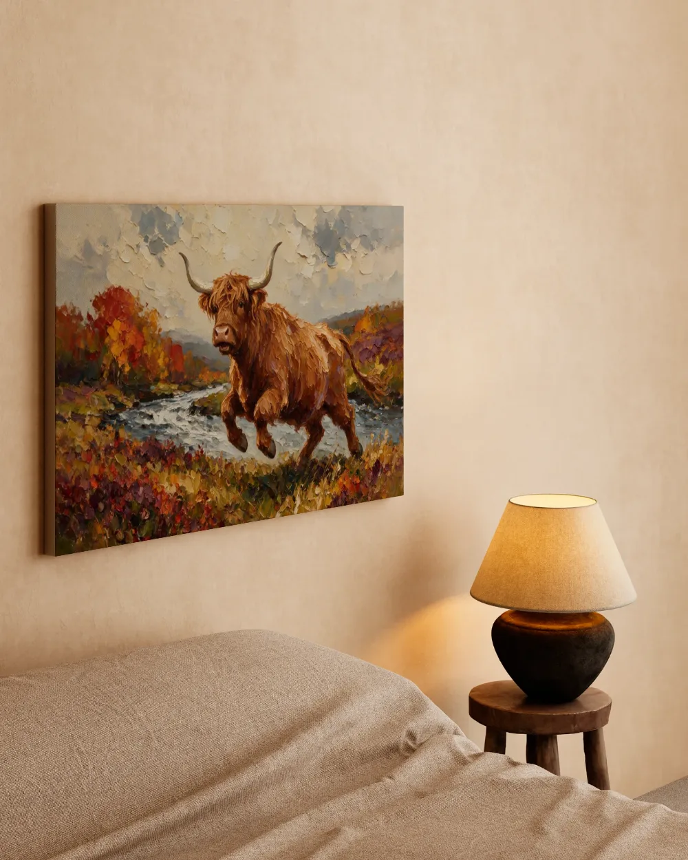 Schotse hooglander in donkere beweging in een bloementuin in brons, canvas schilderij uit de collectie brons