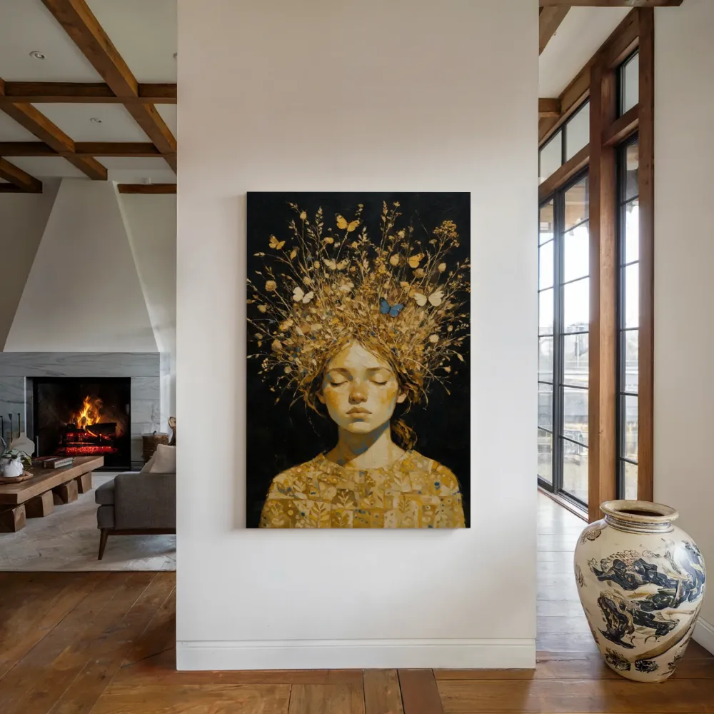 Vrouw met veldbloemen, olieverf in donker mosterd en kobalt, canvas schilderij uit de collectie brons