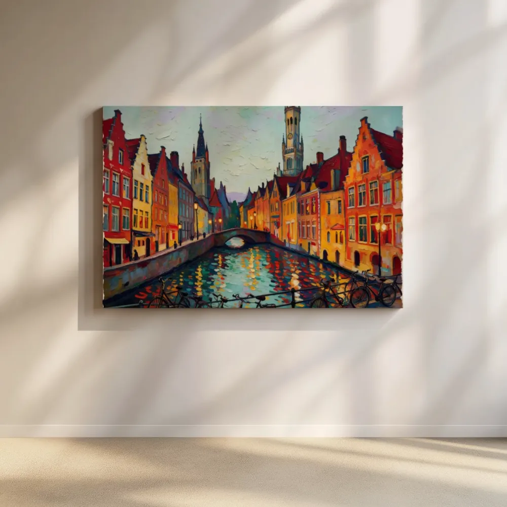 Brugge, kade met Belfort in kleurrijk modern, canvas schilderij uit de collectie schilderijen brugge