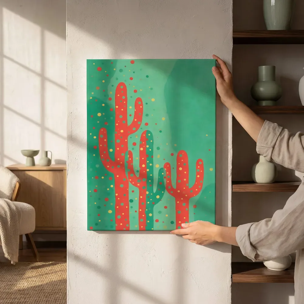Cactus in koraalrood en zeegroen, canvas schilderij uit de collectie cactus