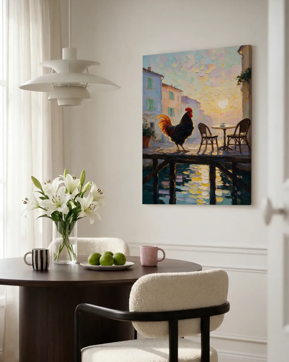 Cafétafel in diep tegenlicht aan het water, canvas schilderij uit de collectie cafés en restaurants